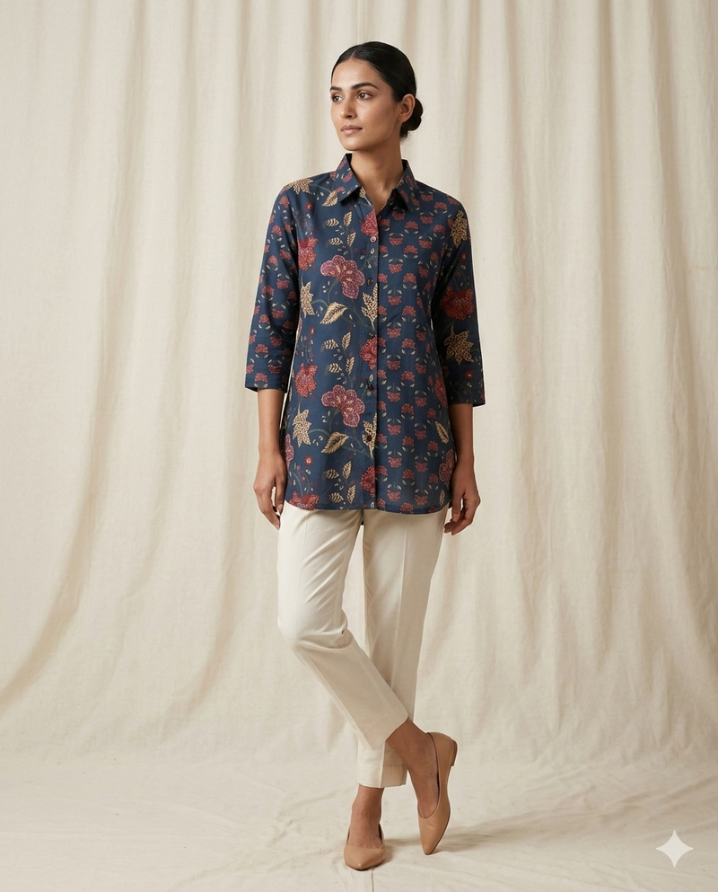 Midnight Navy "Vintage Bloom" Rayon Short Kurti Shirt