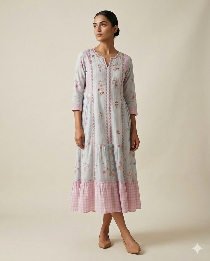 Pastel "Garden Gingham" Floral Embroidered Tiered Cotton Midi Dress