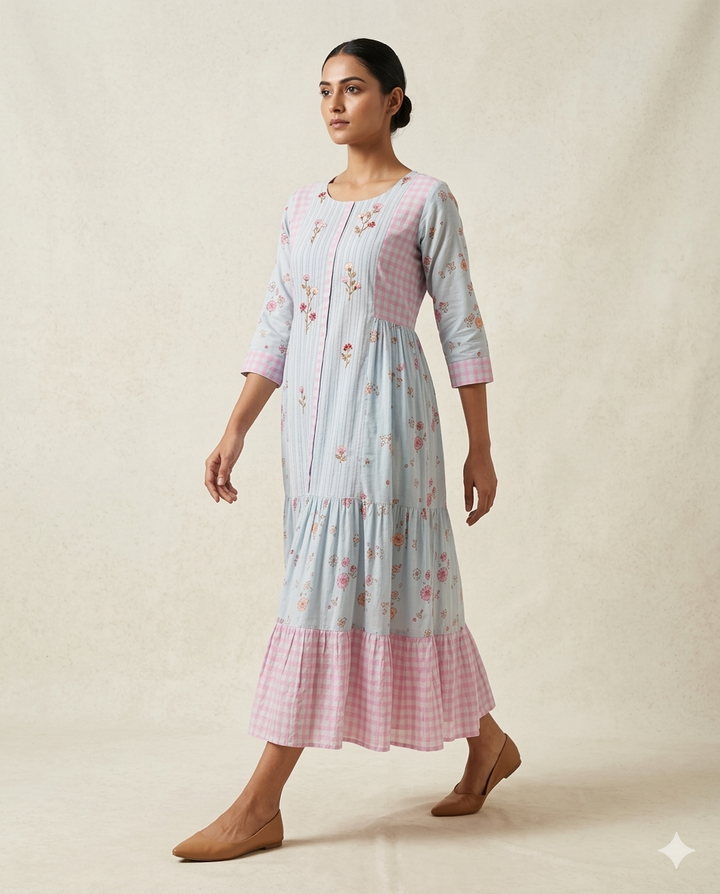 Pastel "Garden Gingham" Floral Embroidered Tiered Cotton Midi Dress