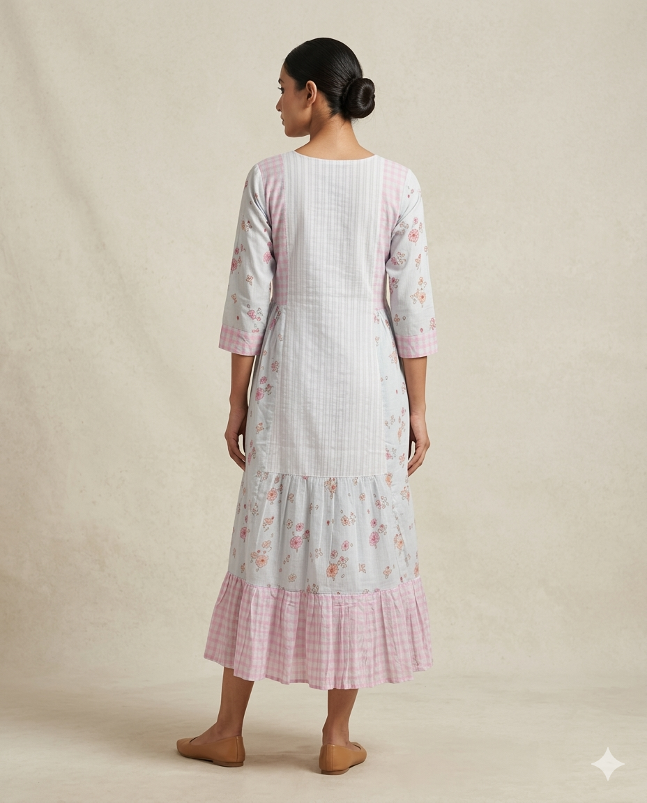 Pastel "Garden Gingham" Floral Embroidered Tiered Cotton Midi Dress