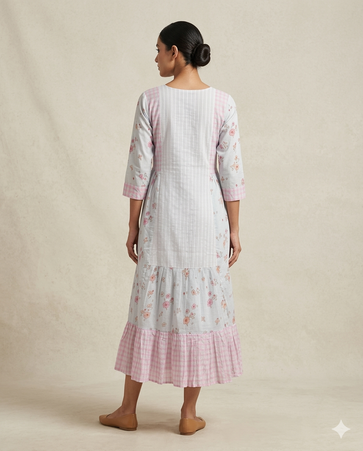 Pastel "Garden Gingham" Floral Embroidered Tiered Cotton Midi Dress