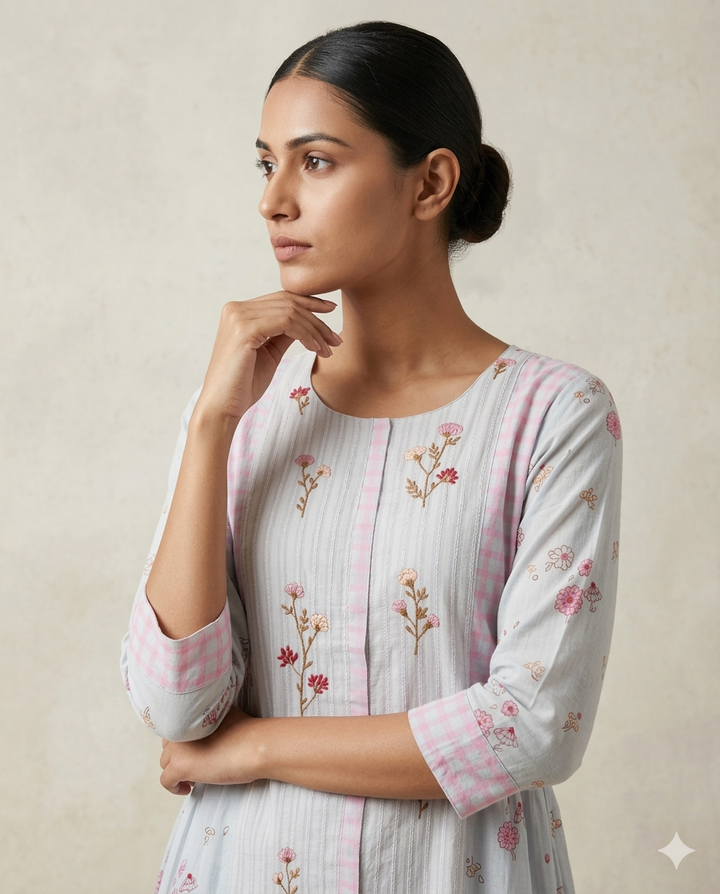 Pastel "Garden Gingham" Floral Embroidered Tiered Cotton Midi Dress