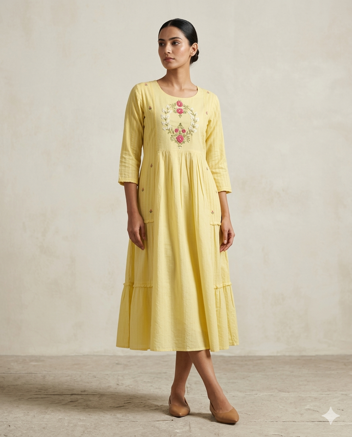 Mustard "Bloom Garland" Floral Embroidered Tiered Cotton Midi Dress