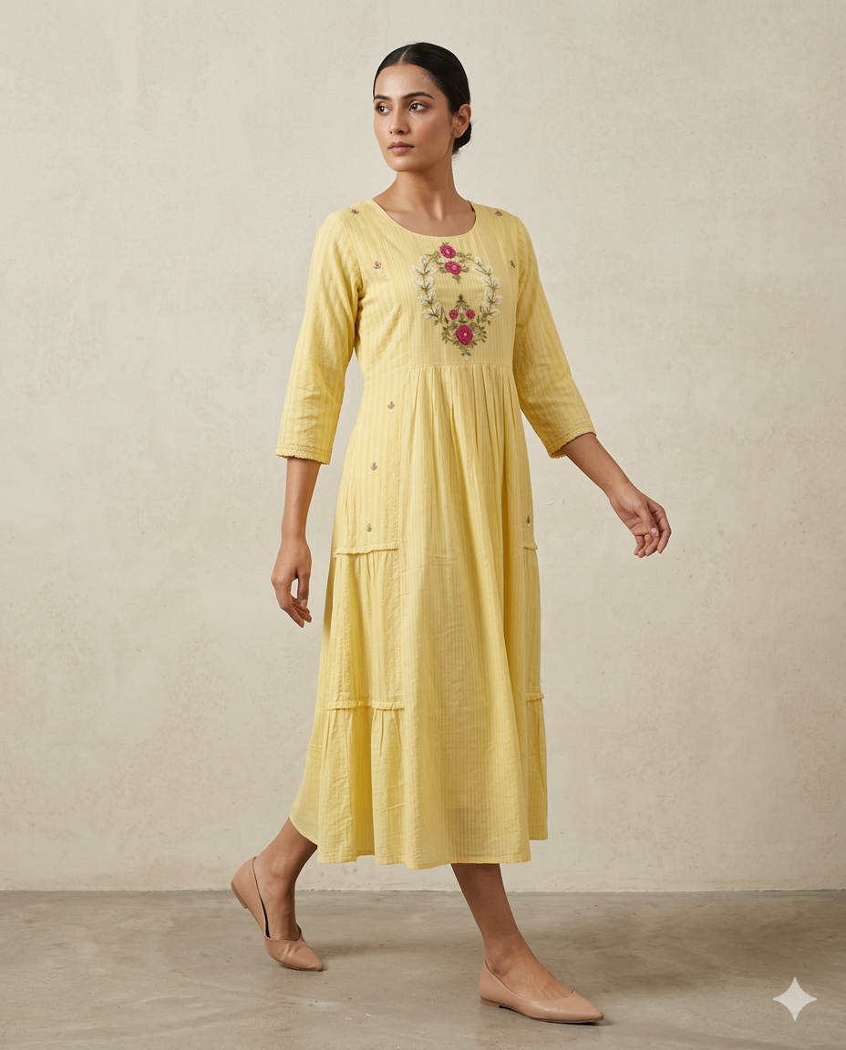 Mustard "Bloom Garland" Floral Embroidered Tiered Cotton Midi Dress