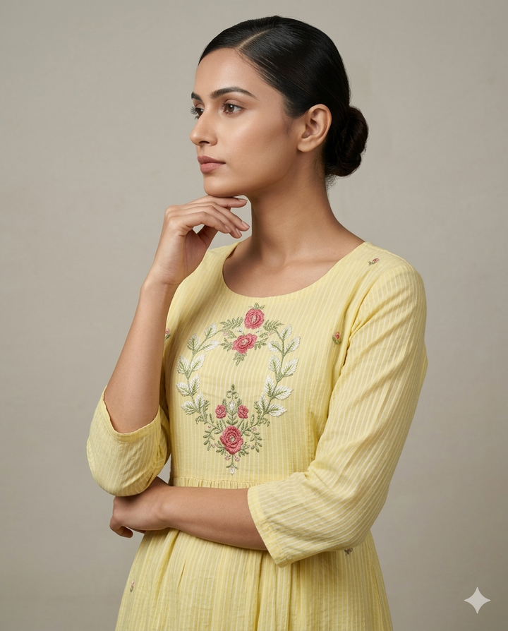 Mustard "Bloom Garland" Floral Embroidered Tiered Cotton Midi Dress