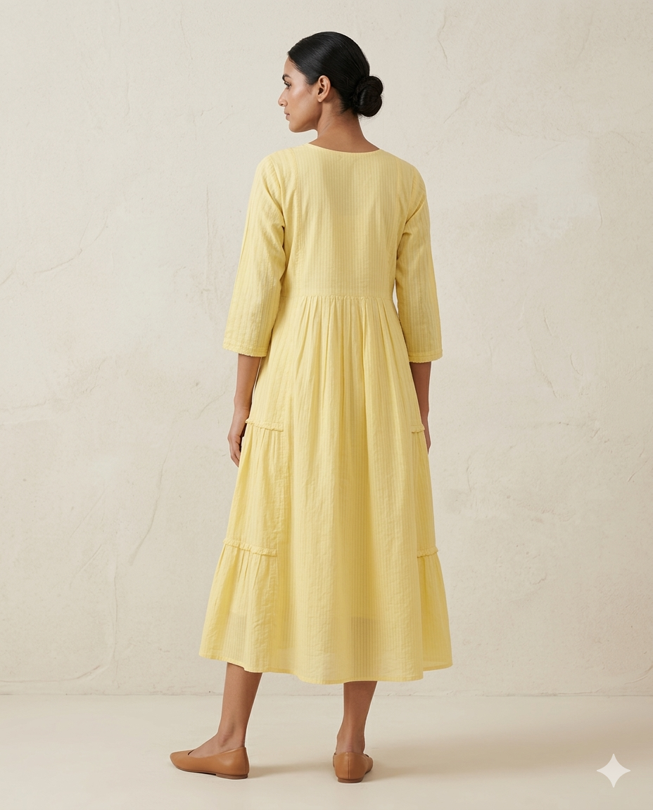 Mustard "Bloom Garland" Floral Embroidered Tiered Cotton Midi Dress