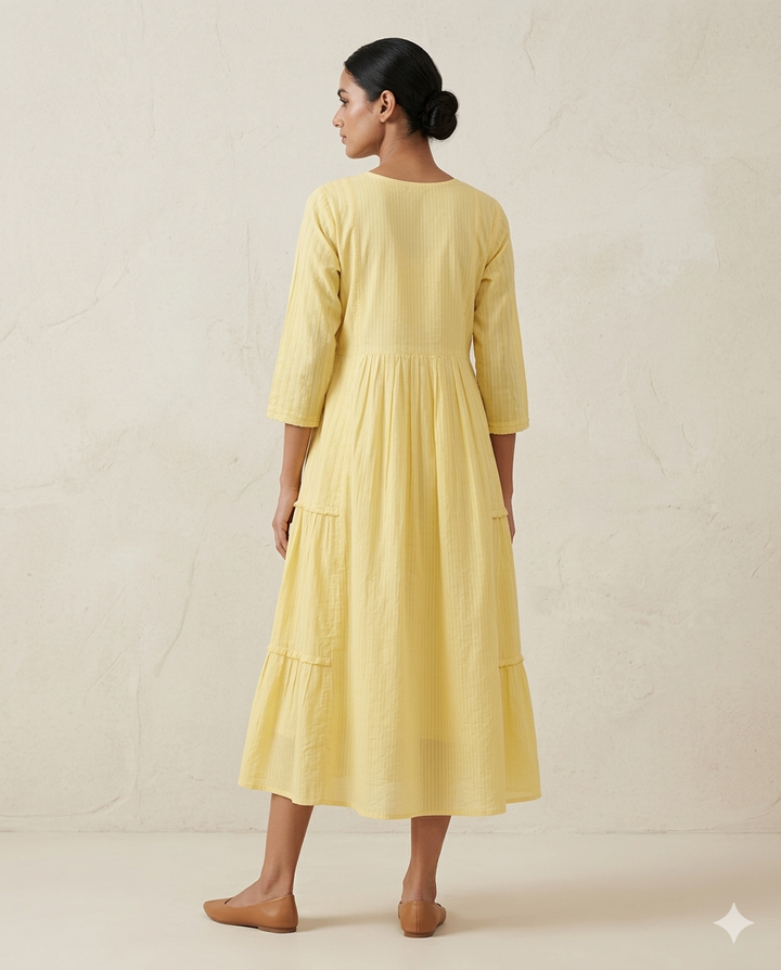 Mustard "Bloom Garland" Floral Embroidered Tiered Cotton Midi Dress