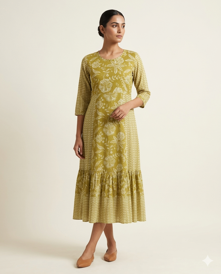 Olive "Meadow Bloom" Floral Print Tiered Muslin Midi Dress