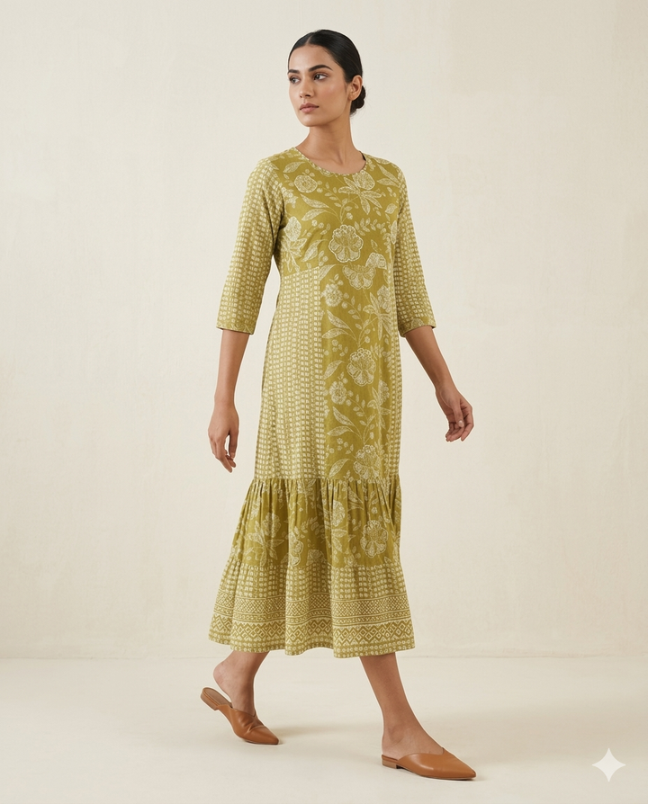 Olive "Meadow Bloom" Floral Print Tiered Muslin Midi Dress