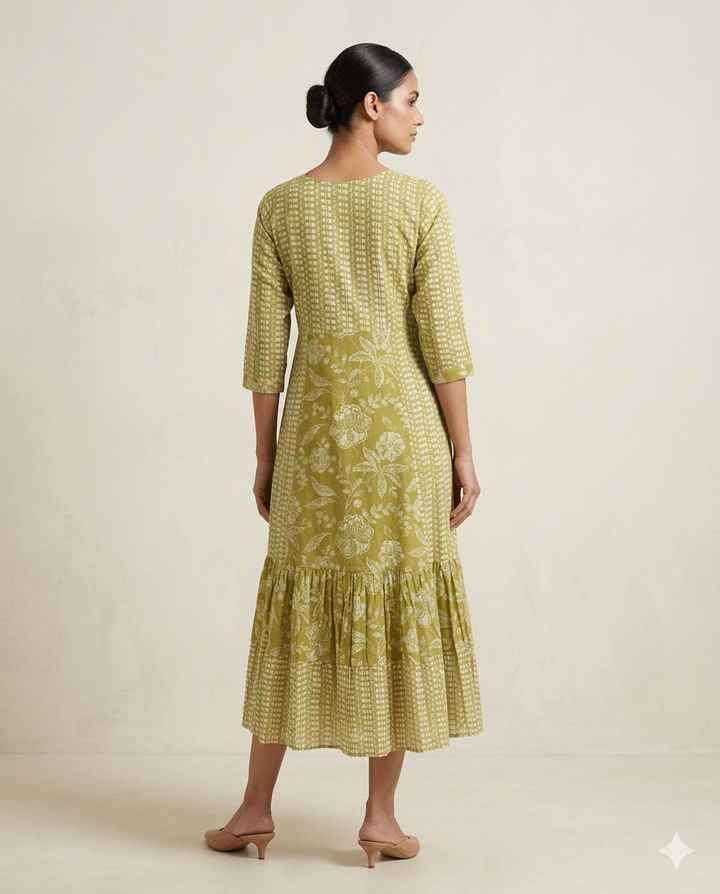 Olive "Meadow Bloom" Floral Print Tiered Muslin Midi Dress