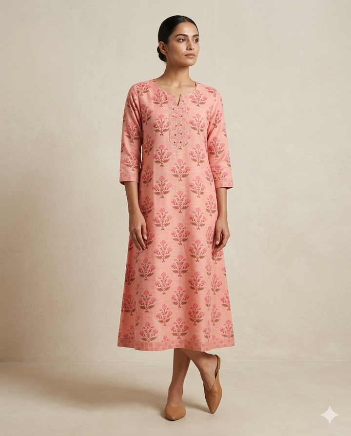 Peach "Spring Petal" Printed Muslin Anarkali Kurta
