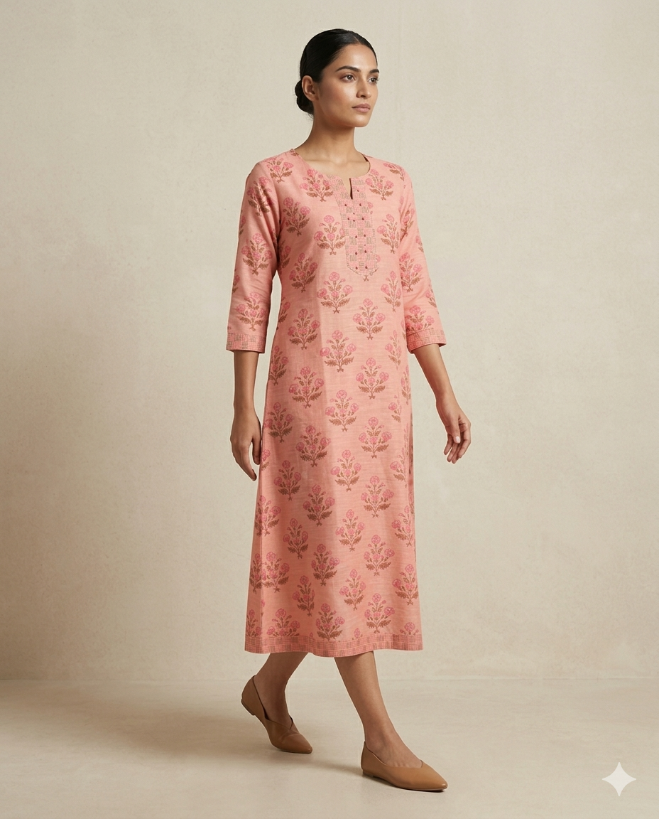Peach "Spring Petal" Printed Muslin Anarkali Kurta