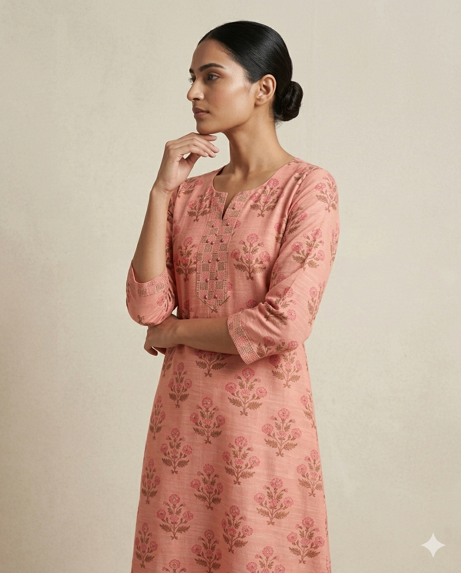 Peach "Spring Petal" Printed Muslin Anarkali Kurta