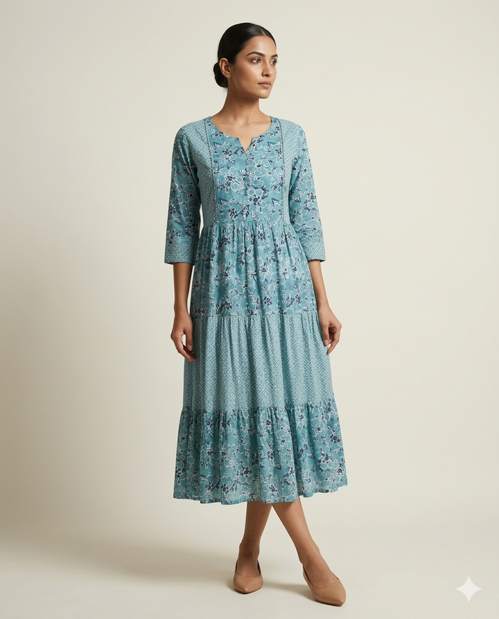 Teal Blue "Everglade Floral" Printed Muslin Tiered Midi Dress