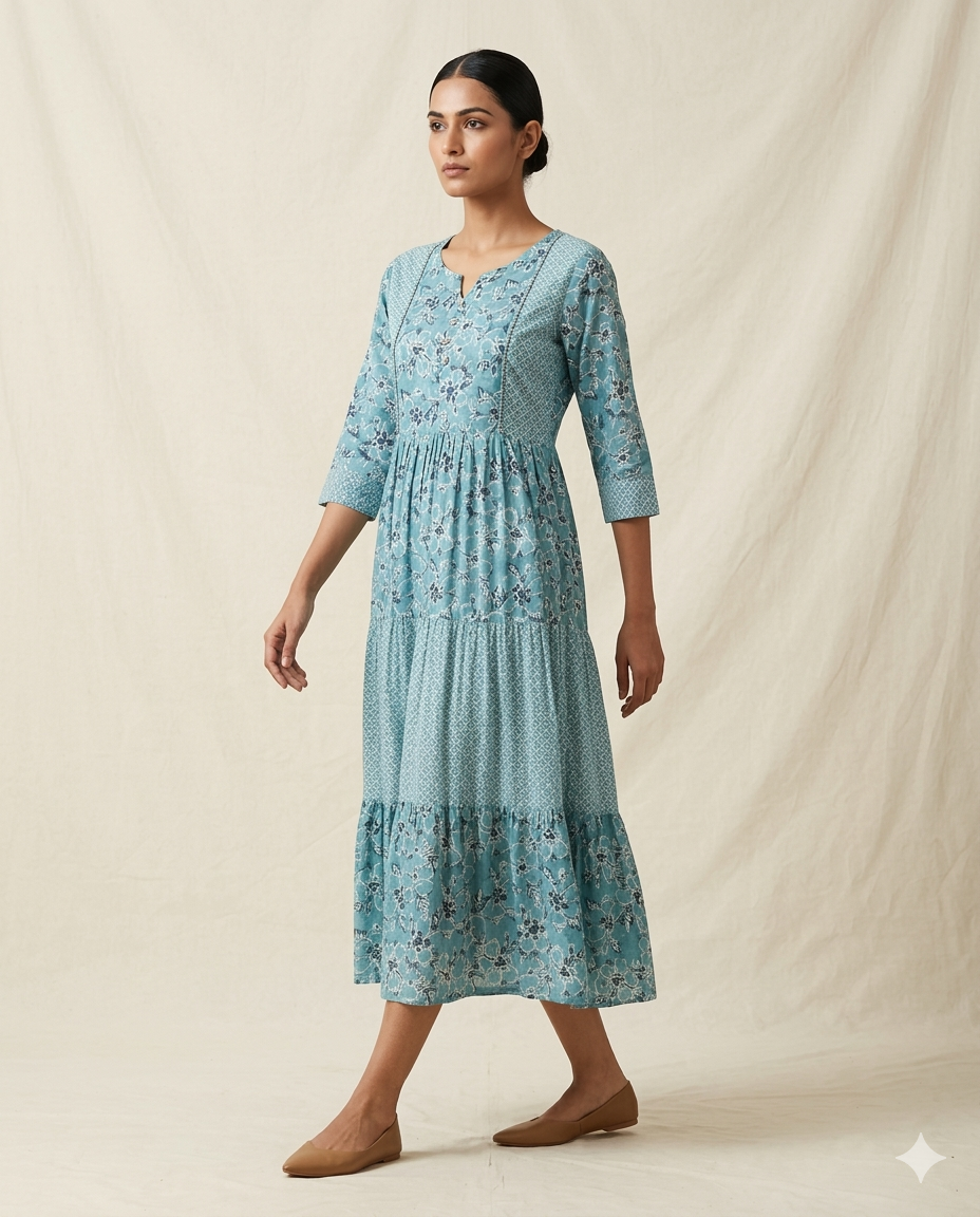 Teal Blue "Everglade Floral" Printed Muslin Tiered Midi Dress