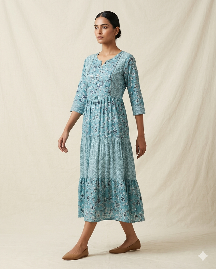 Teal Blue "Everglade Floral" Printed Muslin Tiered Midi Dress