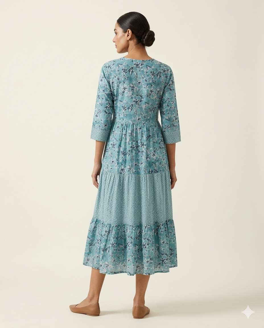 Teal Blue "Everglade Floral" Printed Muslin Tiered Midi Dress