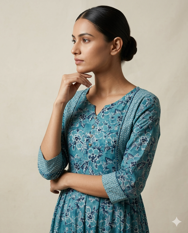 Teal Blue "Everglade Floral" Printed Muslin Tiered Midi Dress