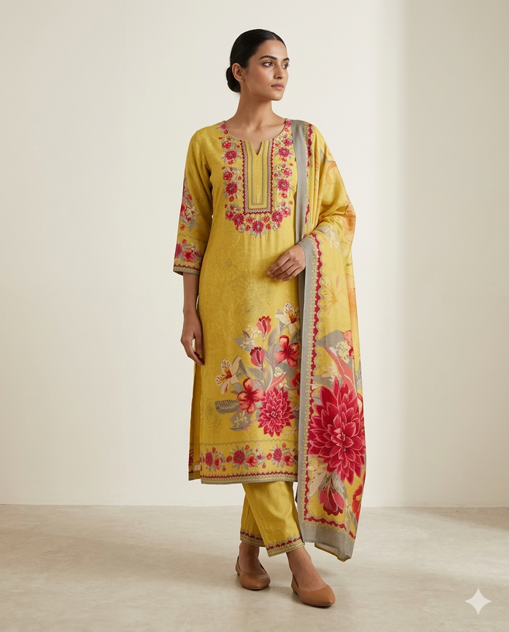Mustard Yellow "Dahlia Dream" Embroidered Muslin Suit Set
