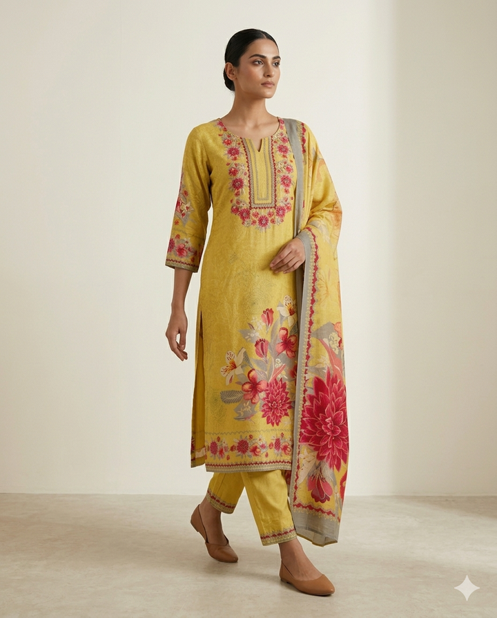 Mustard Yellow "Dahlia Dream" Embroidered Muslin Suit Set