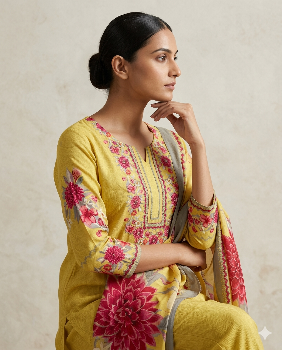 Mustard Yellow "Dahlia Dream" Embroidered Muslin Suit Set
