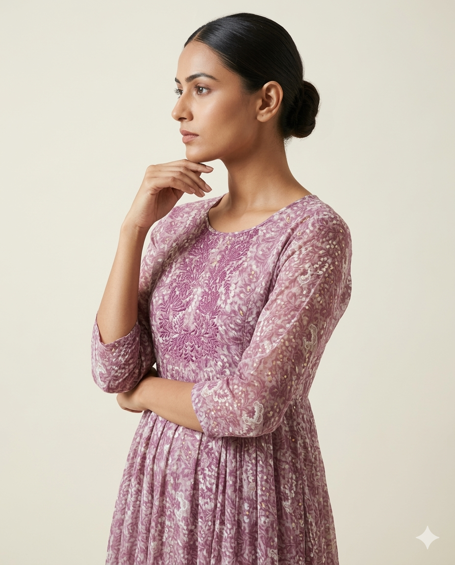 Mauve "Vintage Vine" Embroidered Gathered Cotton Midi Dress