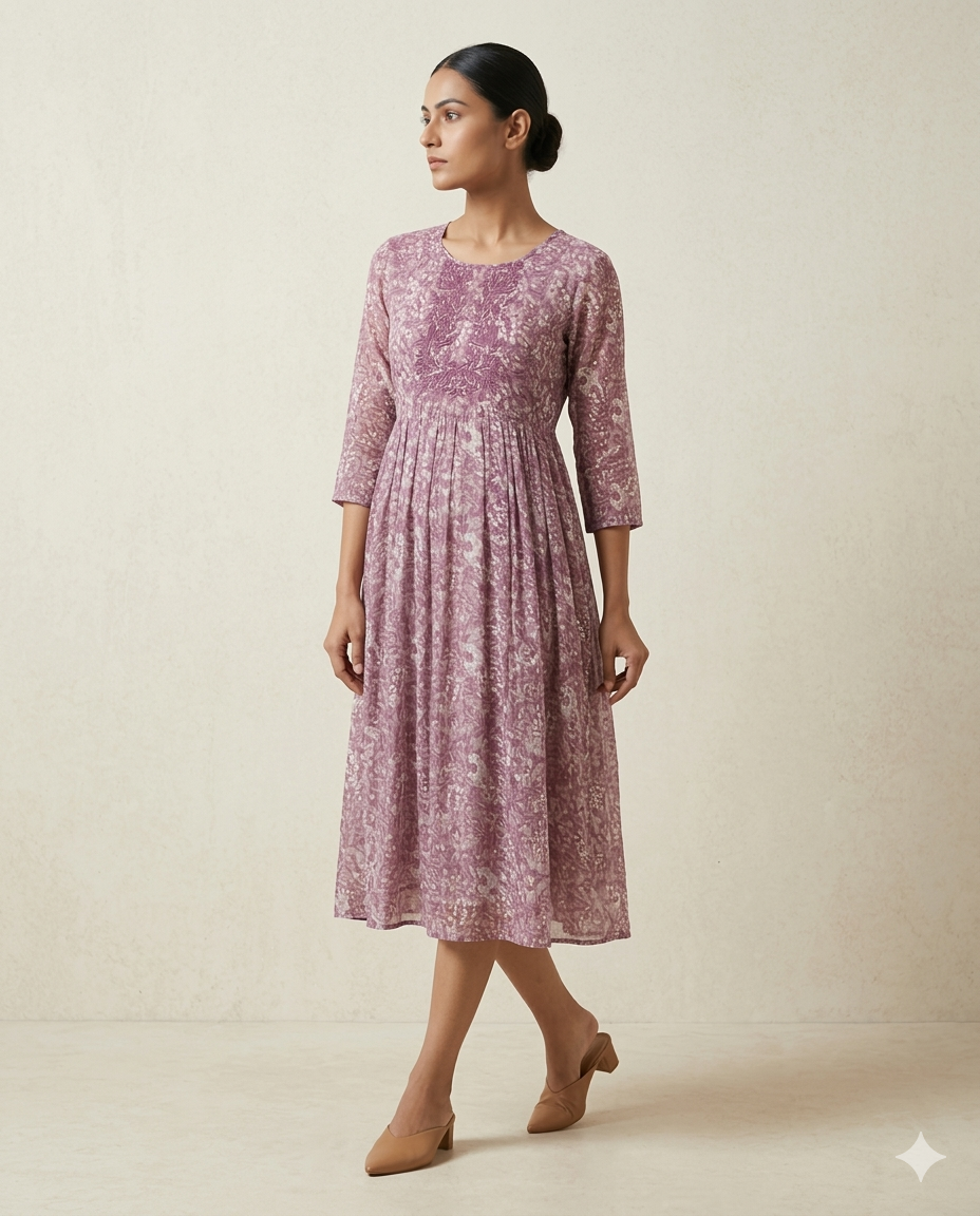 Mauve "Vintage Vine" Embroidered Gathered Cotton Midi Dress
