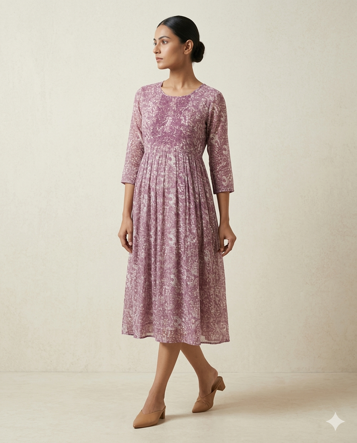 Mauve "Vintage Vine" Embroidered Gathered Cotton Midi Dress