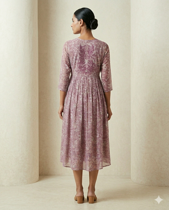Mauve "Vintage Vine" Embroidered Gathered Cotton Midi Dress