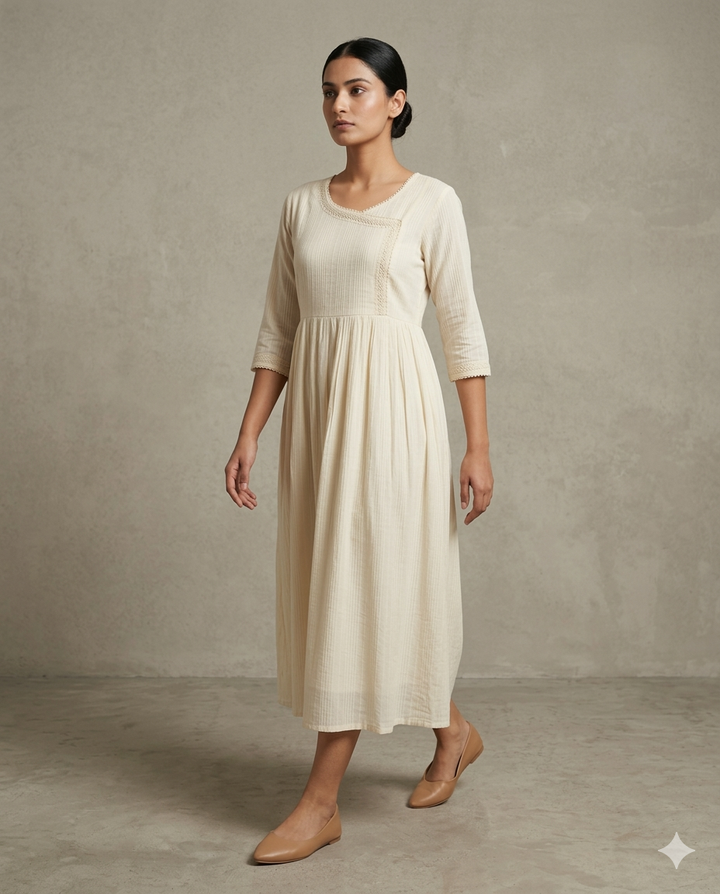 TITLE Cream "Lace Whisper" Textured Cotton Gathered Midi Dress