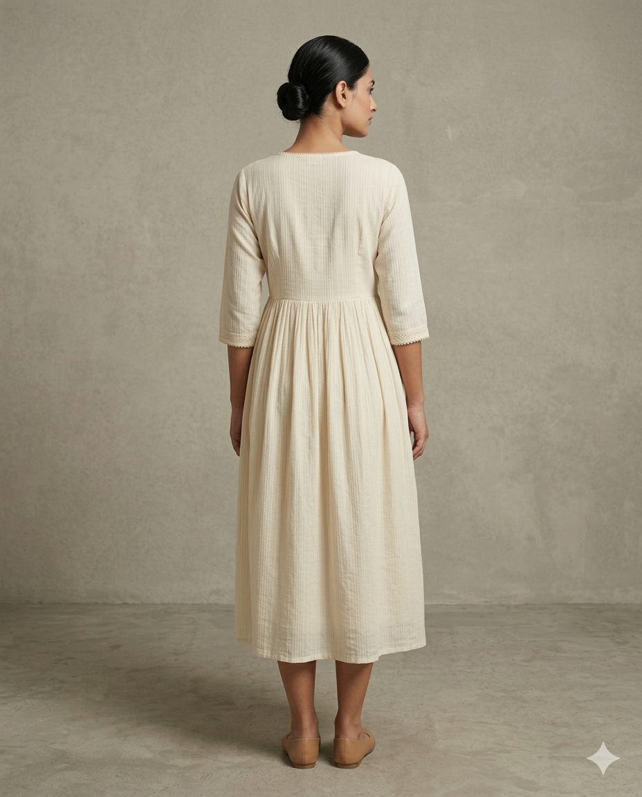 TITLE Cream "Lace Whisper" Textured Cotton Gathered Midi Dress