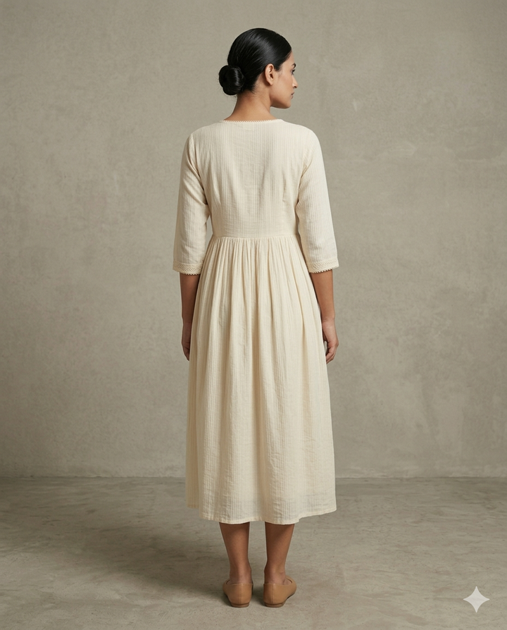 TITLE Cream "Lace Whisper" Textured Cotton Gathered Midi Dress