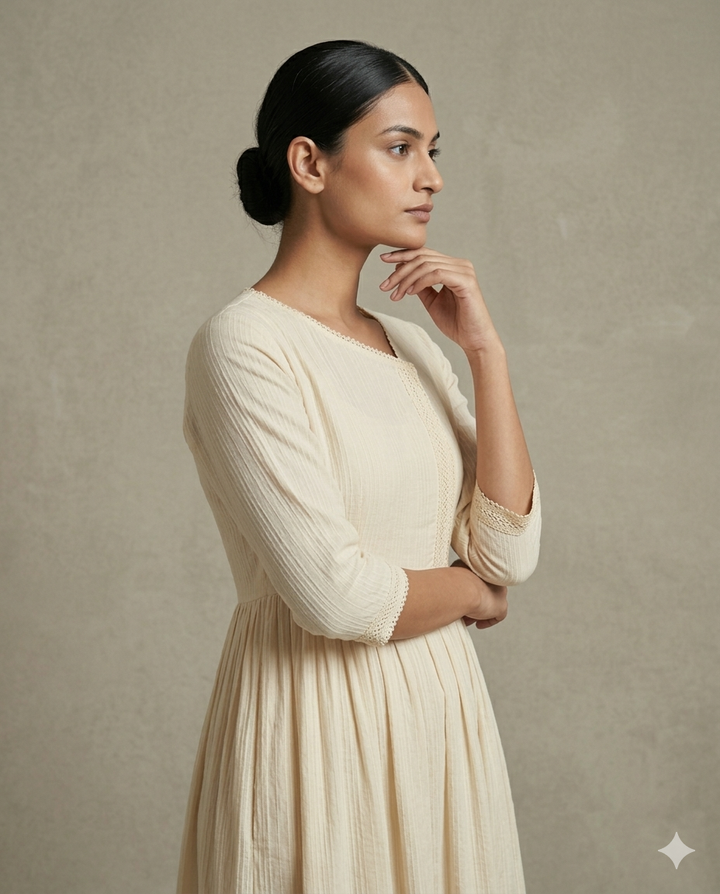 TITLE Cream "Lace Whisper" Textured Cotton Gathered Midi Dress