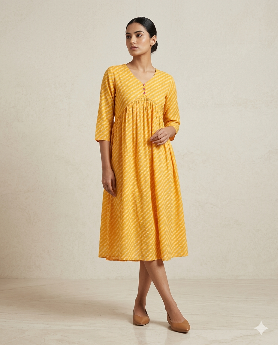 Mustard "Leheriya Glow" Striped Print Gathered Cotton Midi Dress