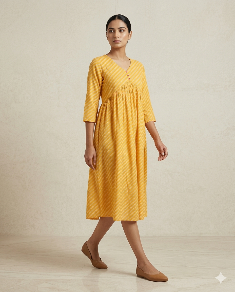 Mustard "Leheriya Glow" Striped Print Gathered Cotton Midi Dress