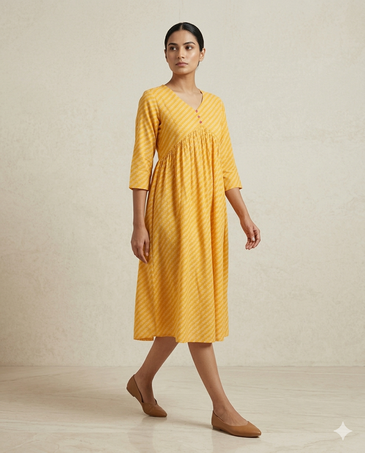 Mustard "Leheriya Glow" Striped Print Gathered Cotton Midi Dress