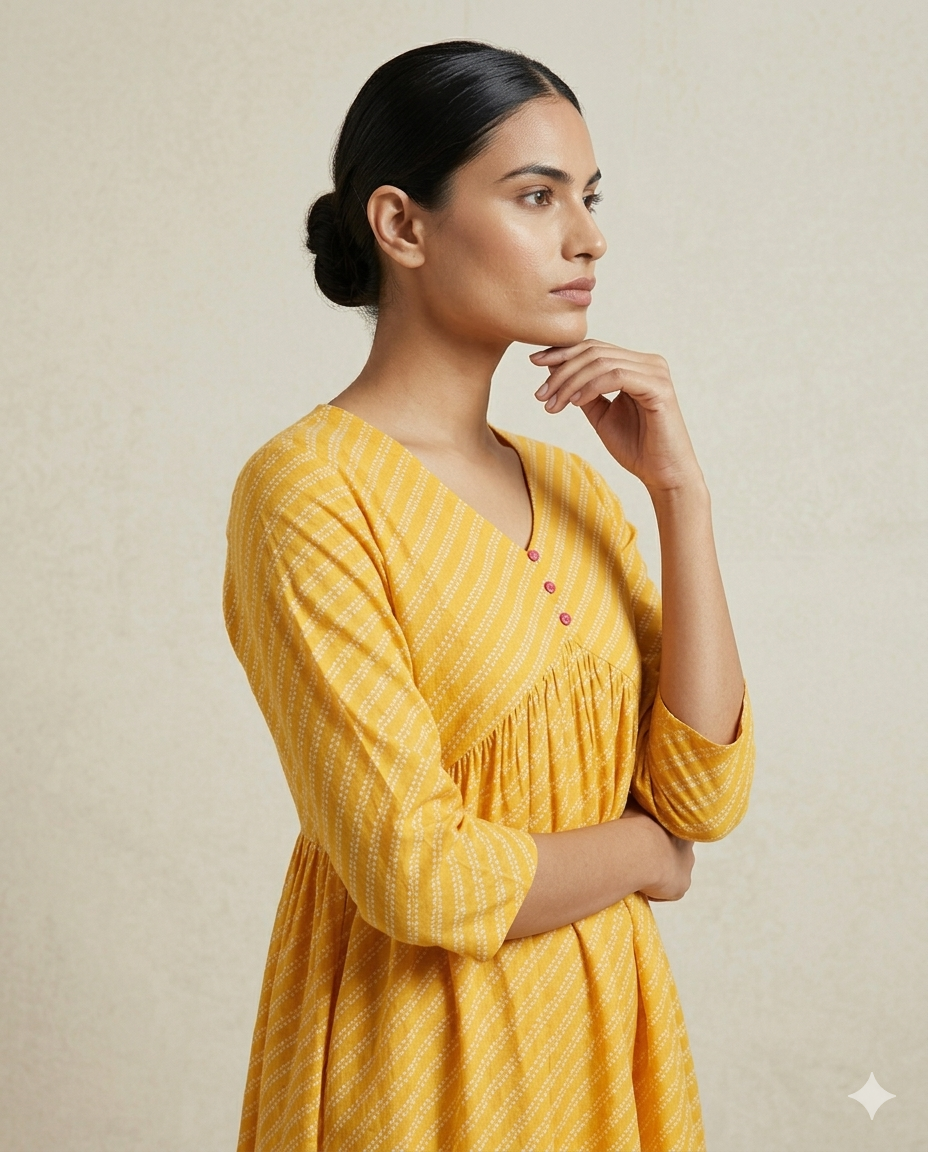 Mustard "Leheriya Glow" Striped Print Gathered Cotton Midi Dress