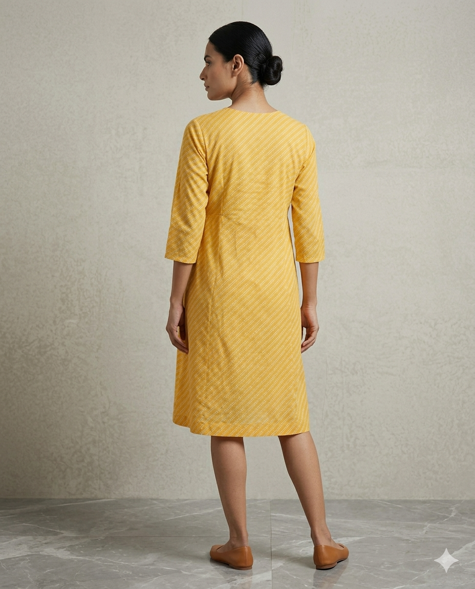 Mustard "Leheriya Glow" Striped Print Gathered Cotton Midi Dress