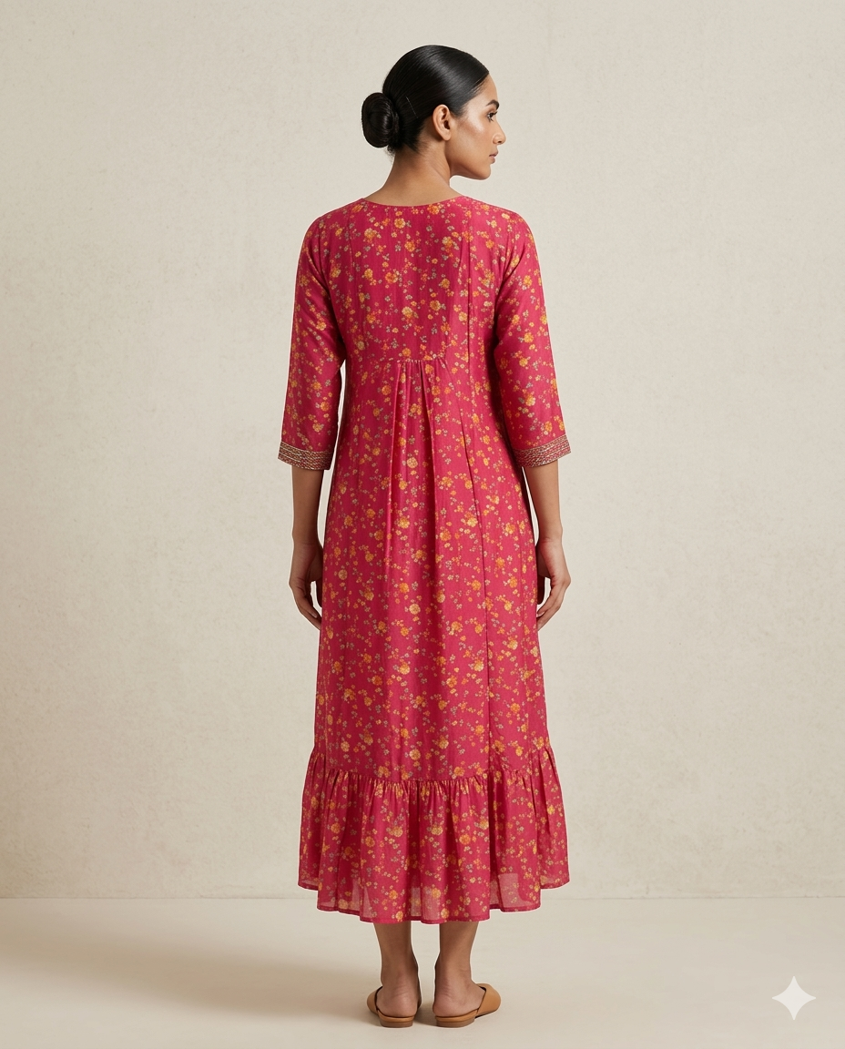 Raspberry "Autumn Flare" Floral Print Tiered Cotton Midi Dress