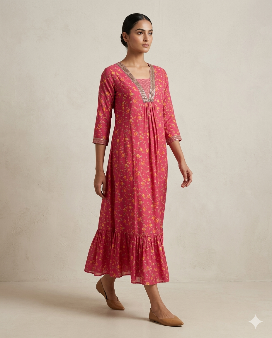 Raspberry "Autumn Flare" Floral Print Tiered Cotton Midi Dress