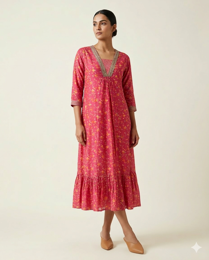 Raspberry "Autumn Flare" Floral Print Tiered Cotton Midi Dress
