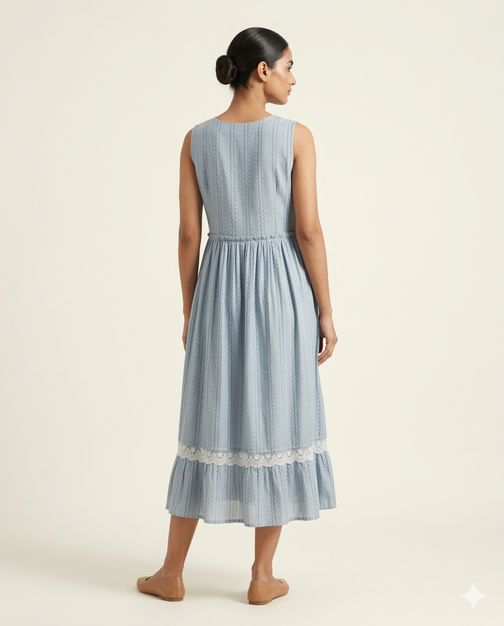 Dusty Blue "Lace & Bloom" Embroidered Tiered Cotton Midi Dress