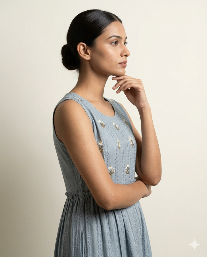 Dusty Blue "Lace & Bloom" Embroidered Tiered Cotton Midi Dress