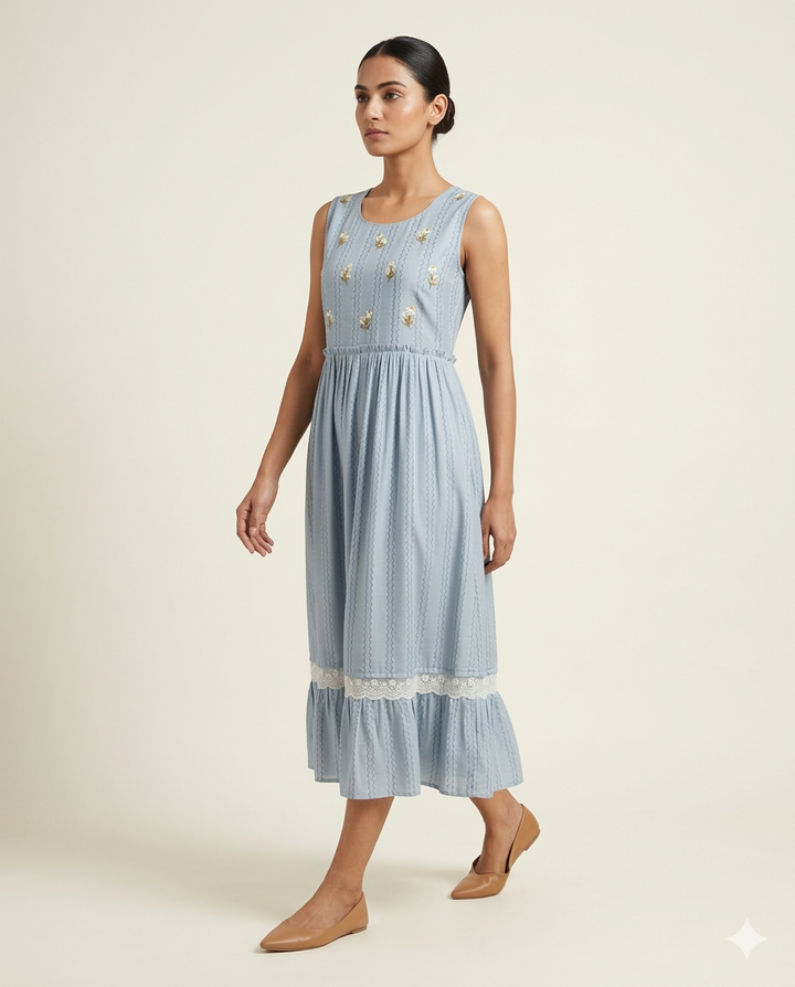 Dusty Blue "Lace & Bloom" Embroidered Tiered Cotton Midi Dress
