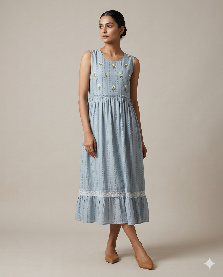 Dusty Blue "Lace & Bloom" Embroidered Tiered Cotton Midi Dress