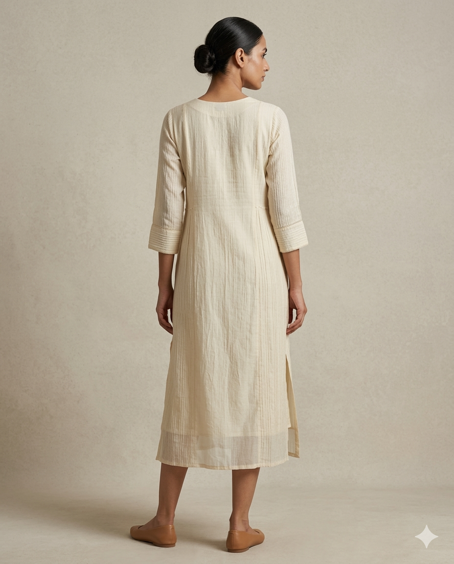 Cream "Lace Elegance" Embroidered Straight Cotton Kurta