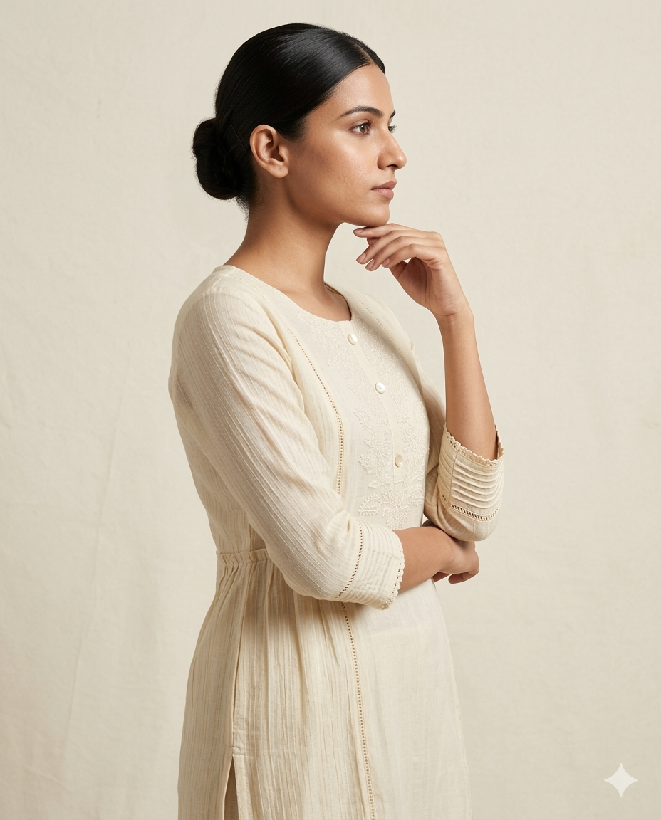 Cream "Lace Elegance" Embroidered Straight Cotton Kurta