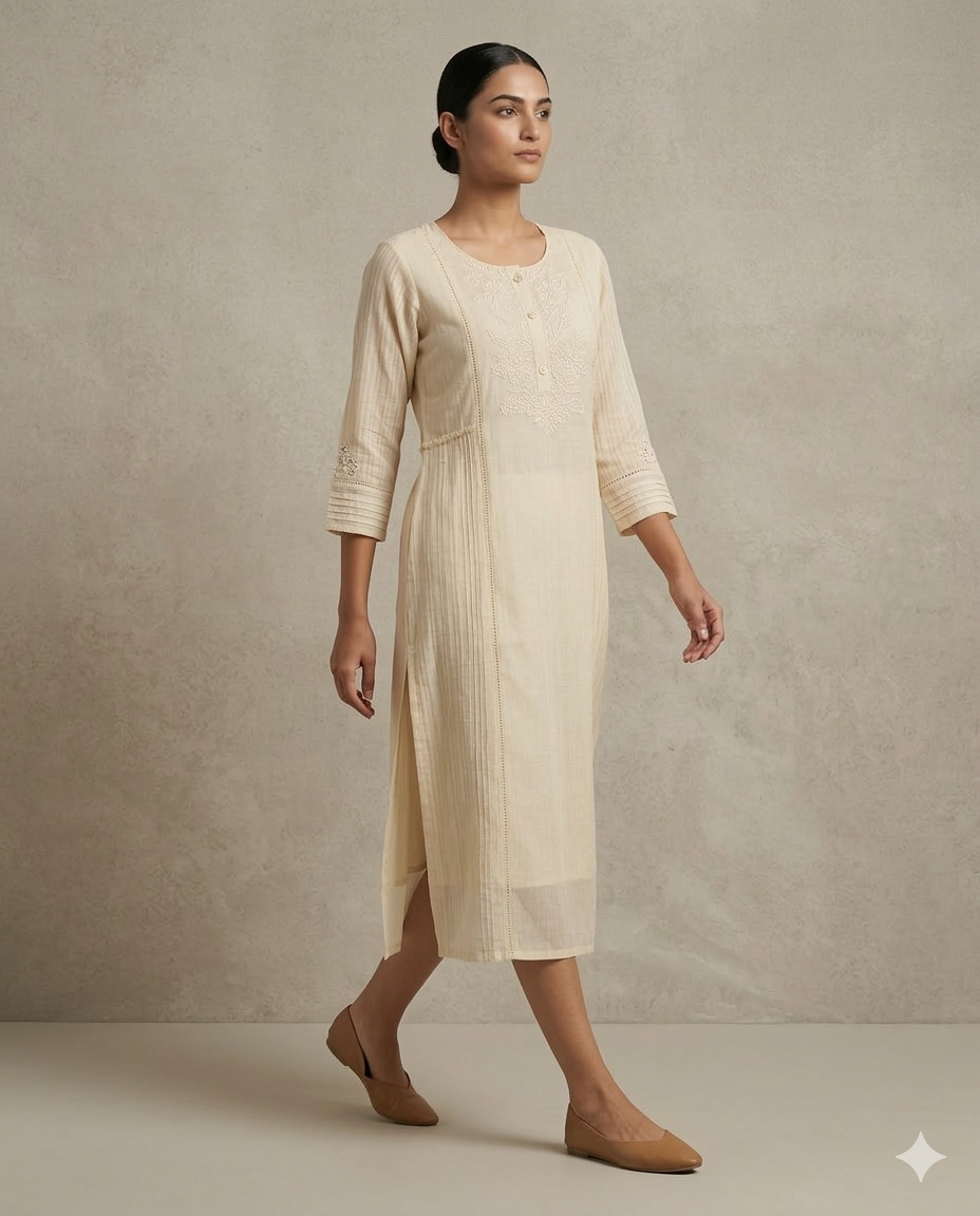 Cream "Lace Elegance" Embroidered Straight Cotton Kurta