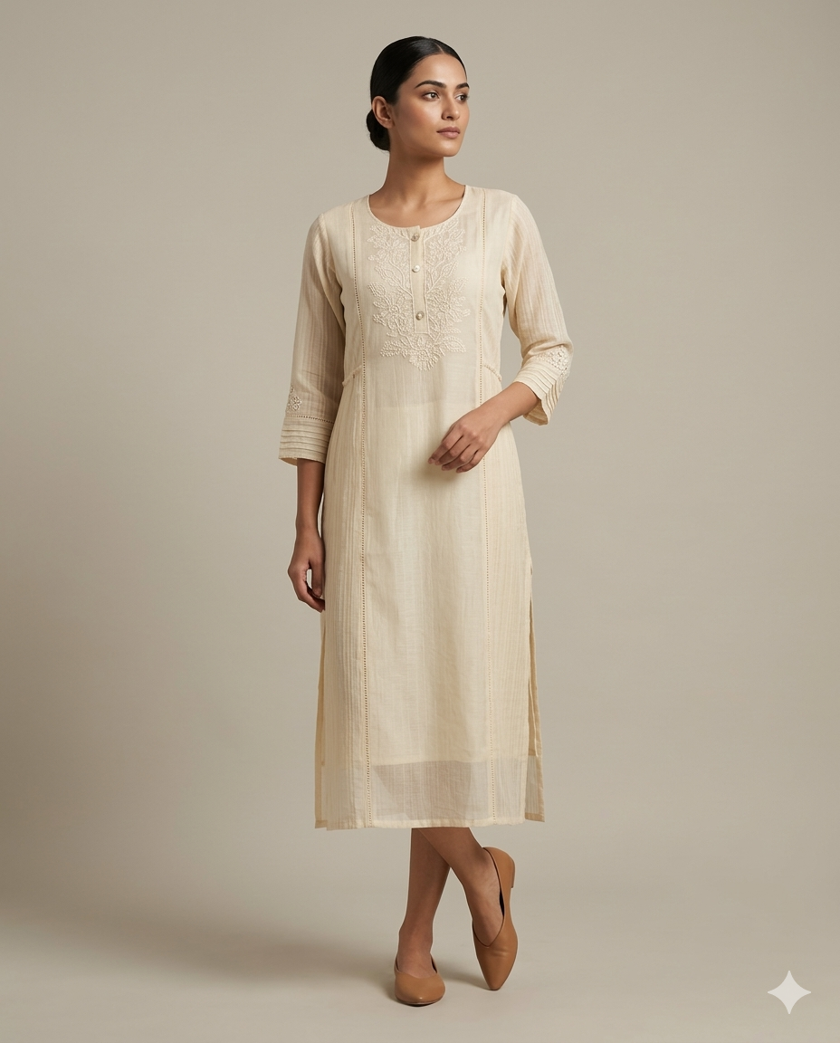 Cream "Lace Elegance" Embroidered Straight Cotton Kurta