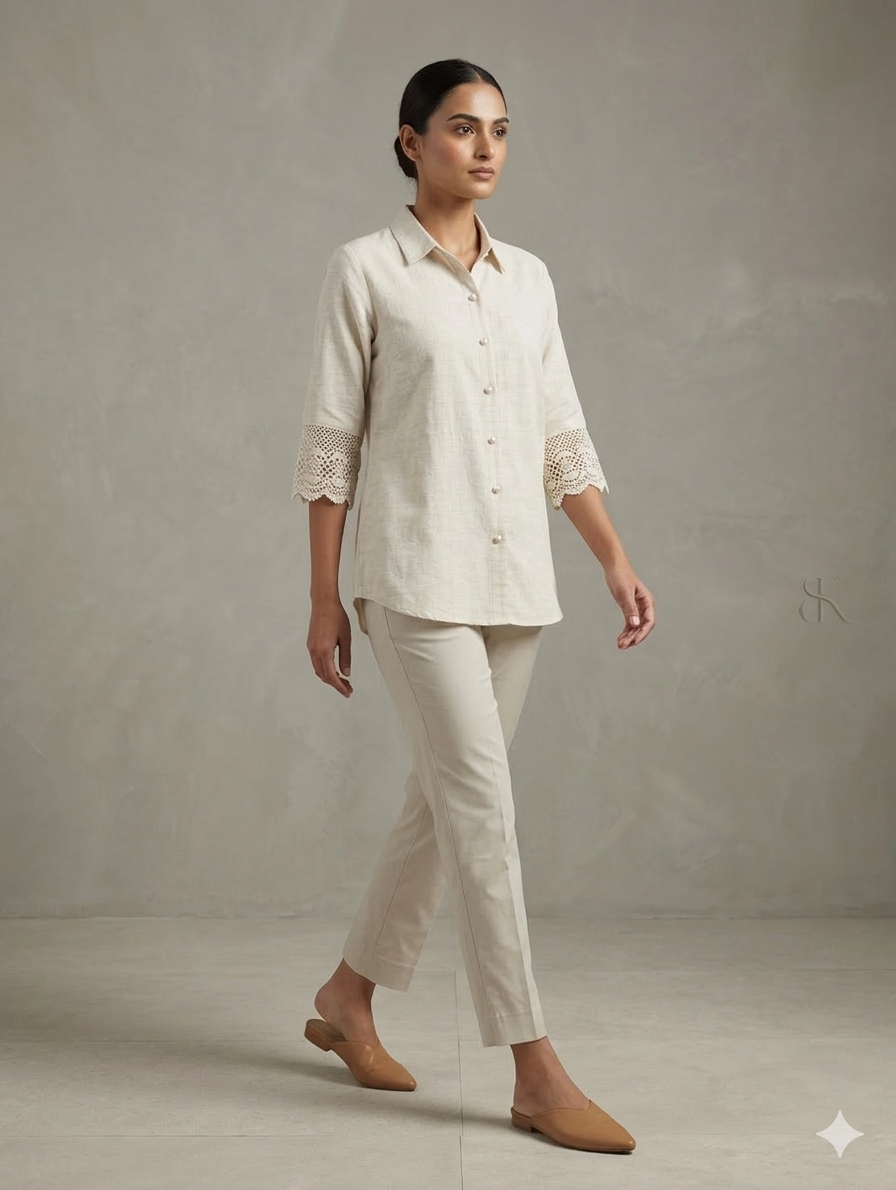 Oatmeal "Lace Cuff" Button-Down Linen-Blend Shirt
